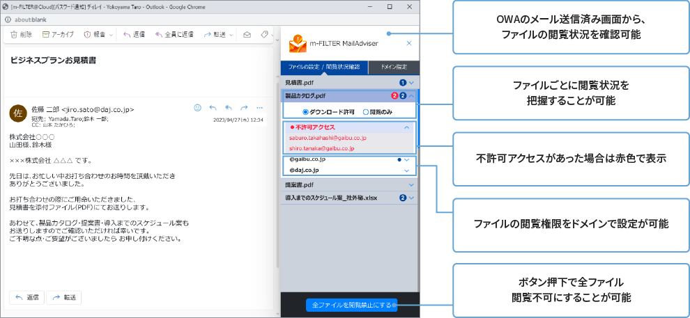 図：送信後にファイルの閲覧情報の確認と閲覧権限を変更