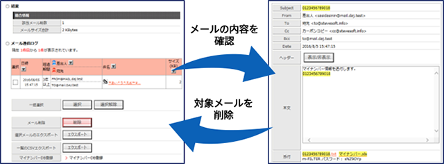 「マイナンバーに該当すると思われる文字列」を含むメール一覧から、対象メールを選択しメール内容を確認の後、削除