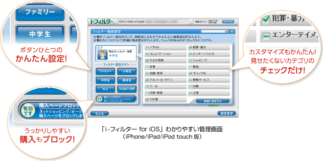 「i-フィルター for iOS」 わかりやすい管理画面（iPhone/iPad/iPod touch版）