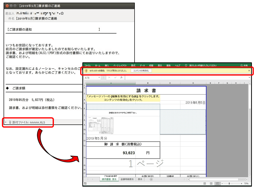 【図2】Emotetメールに添付された、マクロつき「doc」ファイルの例