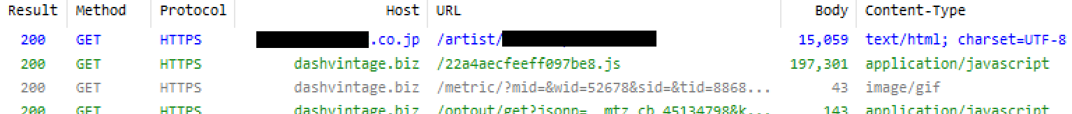 【図2】アクセスを再現すると、外部の不審なJavaScriptファイルが読み込まれる